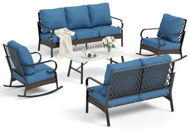 Main image of HERA'S HOUSE Patio Conversation Set, 7-Seat, Black | 3-Seat Sofa, Coffee Table, All-Weather, For Garden, Deck, Backyard