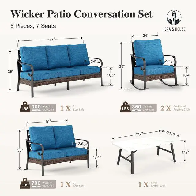 Alt view image 6 of 7 - HERA'S HOUSE Patio Conversation Set, 7-Seat, Black | 3-Seat Sofa, Coffee Table, All-Weather, For Garden, Deck, Backyard