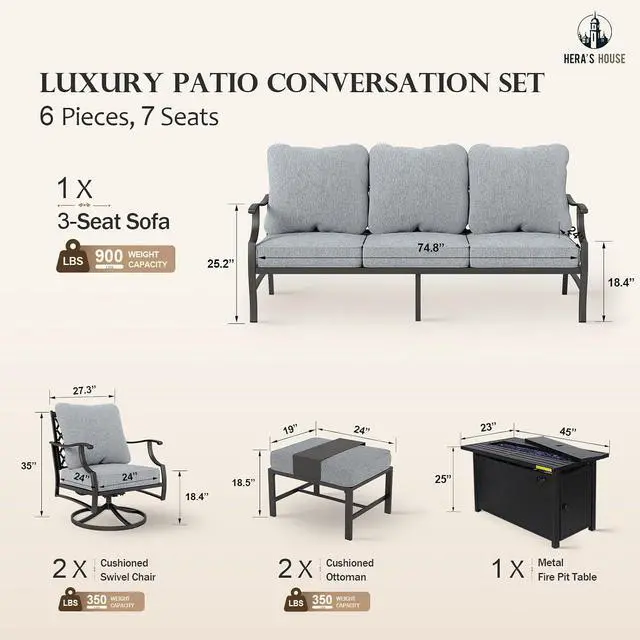 Alt view image 6 of 7 - HERA'S HOUSE 6-Piece Metal Steel Outdoor Conversation Set, Fire Pit Table | 7 Seats, Gray, Single chairs could support up to 350lbs