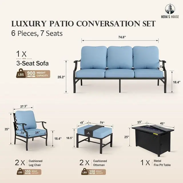 Alt view image 6 of 7 - HERA'S HOUSE 6-Piece Metal Steel Outdoor Conversation Set, Fire Pit Table | 7 Seats, Blue, Single chairs could support up to 350lbs