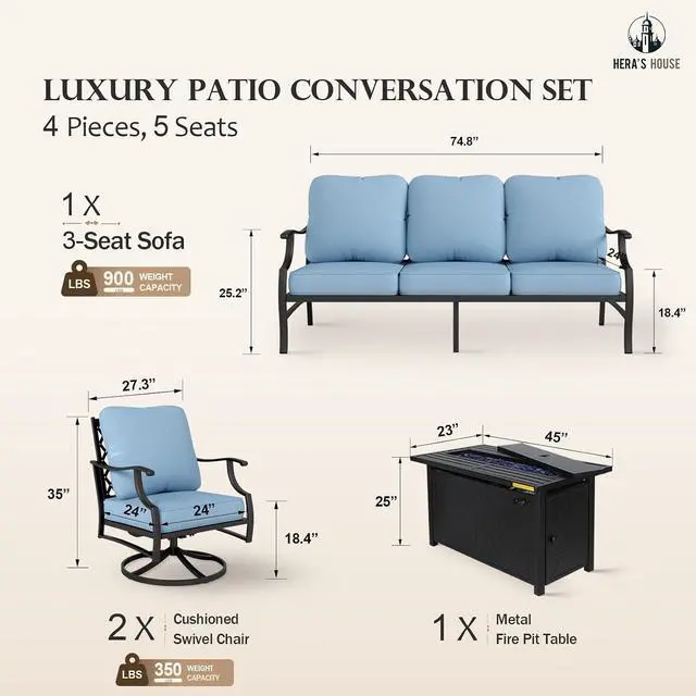 Alt view image 6 of 6 - HERA'S HOUSE 4-Piece Metal Steel Outdoor Conversation Set, Fire Pit Table | 5 Seats, Blue, Single chairs could support up to 350lbs