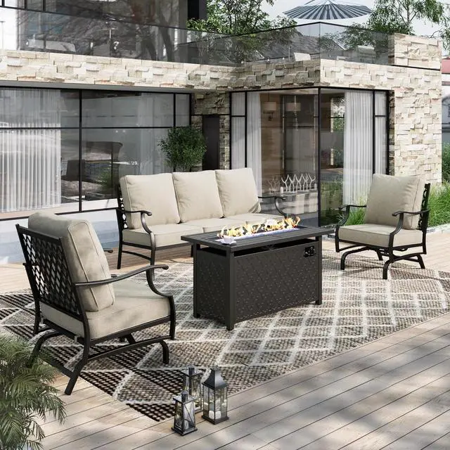 Main image of HERA'S HOUSE 4-Piece Metal Steel Outdoor Conversation Set, Fire Pit Table | 5 Seats, Beige, Rocking chair, Single chairs could support up to 350lbs