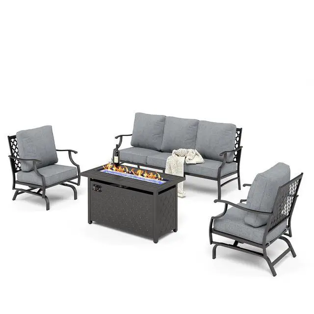 Alt view image 7 of 7 - HERA'S HOUSE 4-Piece Metal Steel Outdoor Conversation Set, Fire Pit Table | 5 Seats, Gray, Rocking chair, Single chairs could support up to 350lbs