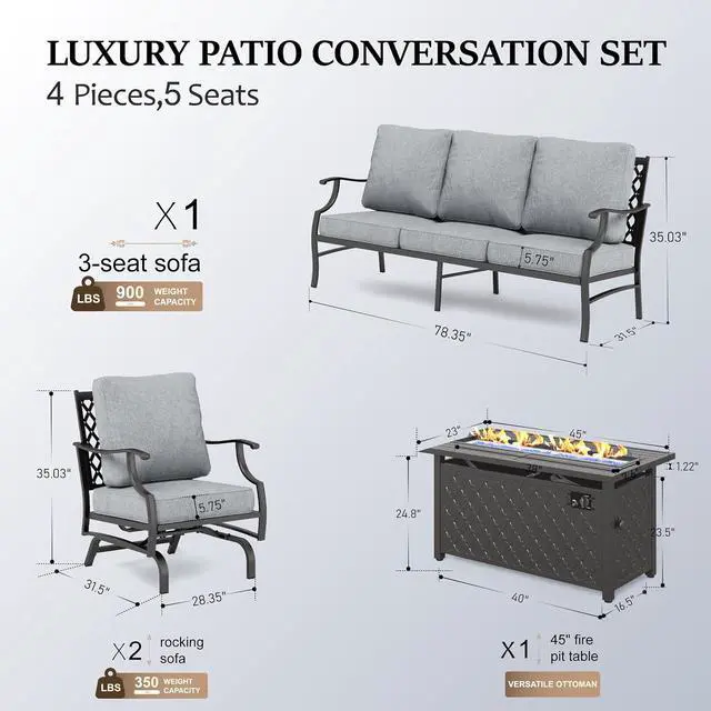 Alt view image 6 of 7 - HERA'S HOUSE 4-Piece Metal Steel Outdoor Conversation Set, Fire Pit Table | 5 Seats, Gray, Rocking chair, Single chairs could support up to 350lbs