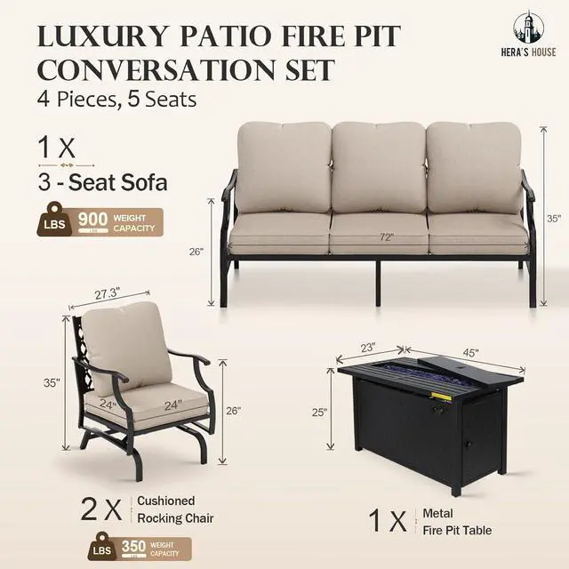 Alt view image 6 of 7 - HERA'S HOUSE 4-Piece Metal Steel Outdoor Conversation Set, Fire Pit Table | 5 Seats, Beige, Rocking chair, Single chairs could support up to 350lbs