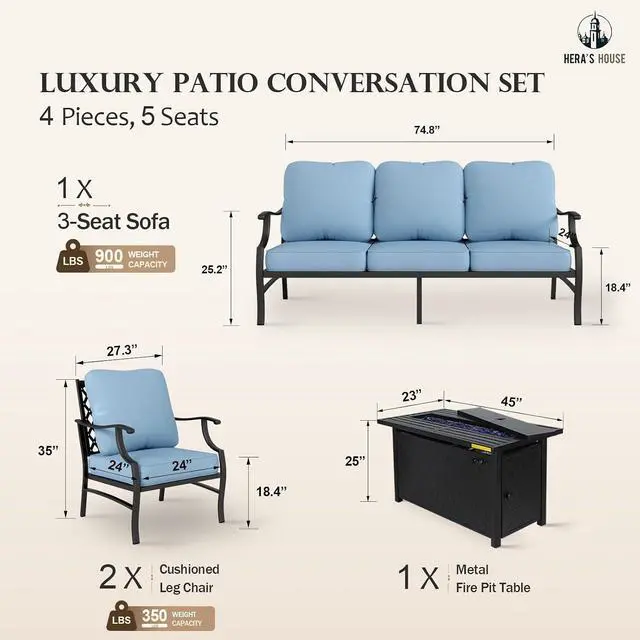 Alt view image 6 of 6 - HERA'S HOUSE 4 Pieces Patio Fire Pit Furniture Set, | 2 x Single Chair, 3-Seat Sofa with 45" Fire Pit Table, Outdoor Conversation Set for Garden, Poolside, Backyard, Blue