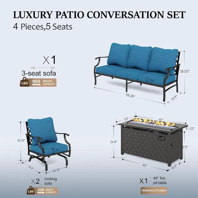 Alt view image 6 of 7 - HERA'S HOUSE 4 Pieces Patio Furniture Set with Fire Pit Table, 2 x Rocking Chair, 3-Seat Sofa with 45" Fire Pit Table, Outdoor Conversation Set for Garden Poolside Backyard, Pacific Blue