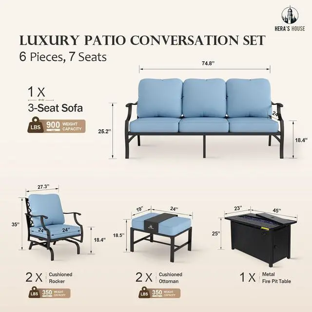 Alt view image 6 of 7 - HERA'S HOUSE 6-Piece Metal Steel Outdoor Conversation Set, Fire Pit Table | 7 Seats, Blue, Rocking chair, Single chairs could support up to 350lbs