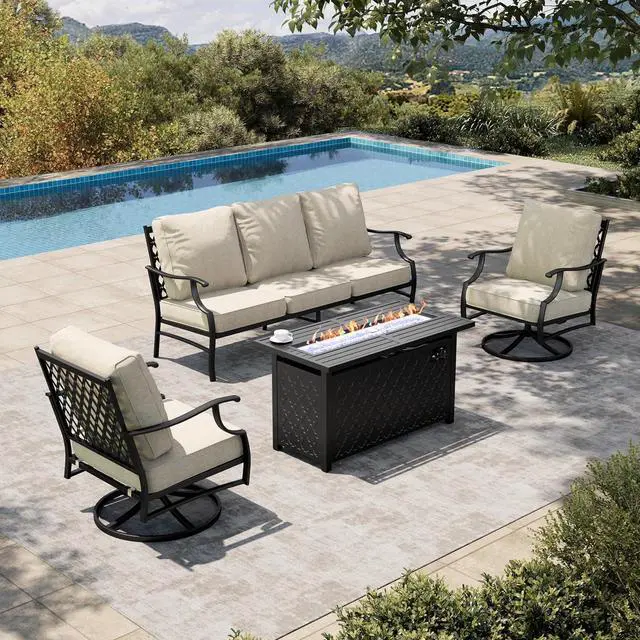 Main image of HERA'S HOUSE 4-Piece Metal Steel Outdoor Conversation Set, Fire Pit Table | 5 Seats, Beige, Single chairs could support up to 350lbs, modern or contemporary, casual or relaxed