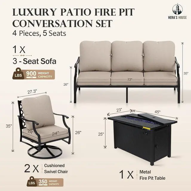 Alt view image 6 of 7 - HERA'S HOUSE 4-Piece Metal Steel Outdoor Conversation Set, Fire Pit Table | 5 Seats, Beige, Single chairs could support up to 350lbs, modern or contemporary, casual or relaxed