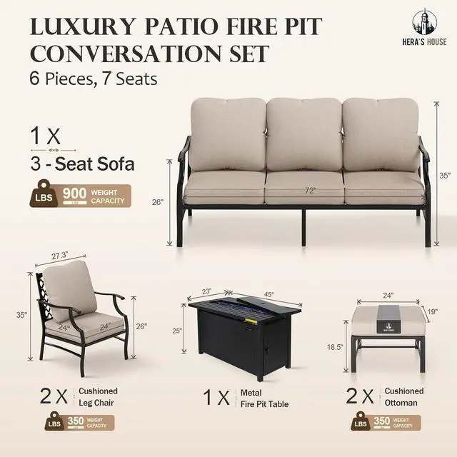 Alt view image 6 of 7 - HERA'S HOUSE 6-Piece Metal Steel Outdoor Conversation Set, Fire Pit Table | 7 Seats, Beige, Single chairs could support up to 350lbs
