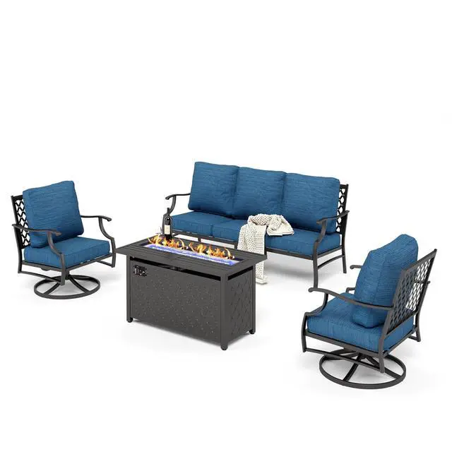 Alt view image 7 of 7 - HERA'S HOUSE 4-Piece Metal Steel Outdoor Conversation Set, Fire Pit Table | 5 Seats, Pacific Blue, Single chairs could support up to 350lbs