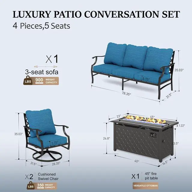 Alt view image 6 of 7 - HERA'S HOUSE 4-Piece Metal Steel Outdoor Conversation Set, Fire Pit Table | 5 Seats, Pacific Blue, Single chairs could support up to 350lbs