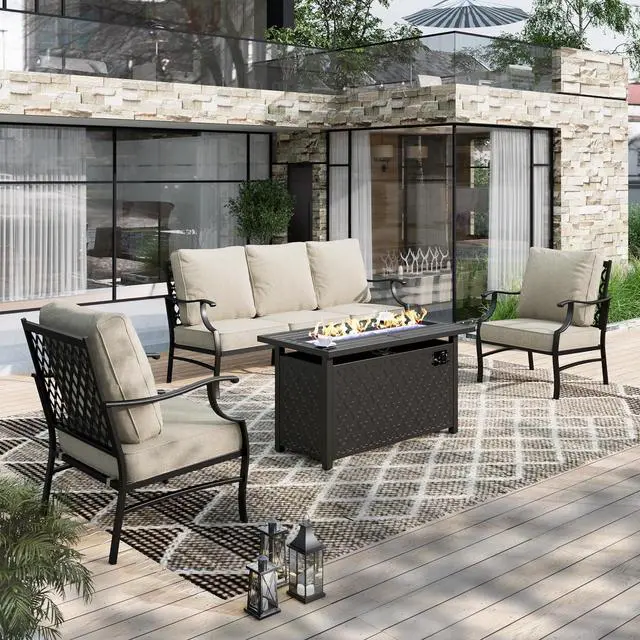 Main image of HERA'S HOUSE 4 Pieces Patio Fire Pit Furniture Set, 2 x Single Chair, 3-Seat Sofa with 45" Fire Pit Table, Outdoor Conversation Set for Garden, Poolside, Backyard