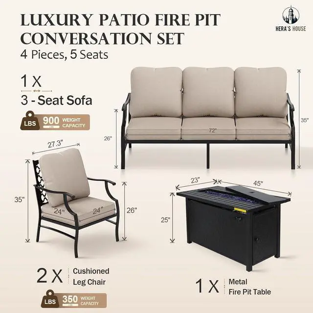 Alt view image 6 of 7 - HERA'S HOUSE 4 Pieces Patio Fire Pit Furniture Set, 2 x Single Chair, 3-Seat Sofa with 45" Fire Pit Table, Outdoor Conversation Set for Garden, Poolside, Backyard