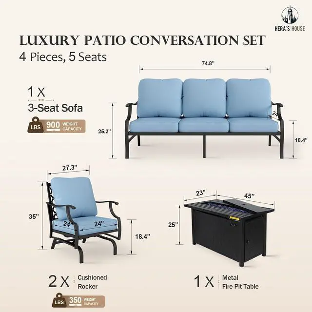Alt view image 6 of 7 - HERA'S HOUSE 4-Piece Metal Steel Outdoor Conversation Set, Fire Pit Table | 5 Seats, Blue, Rocking chair, Single chairs could support up to 350lbs