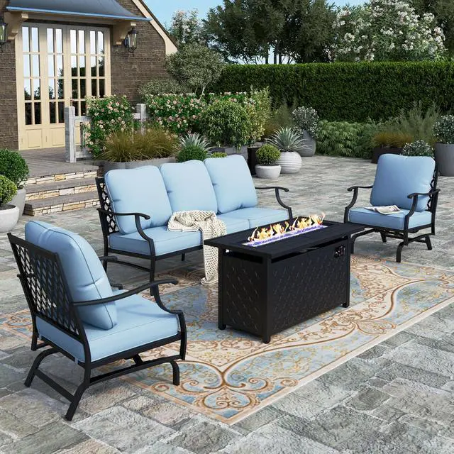 Alt view image 7 of 7 - HERA'S HOUSE 4-Piece Metal Steel Outdoor Conversation Set, Fire Pit Table | 5 Seats, Blue, Rocking chair, Single chairs could support up to 350lbs