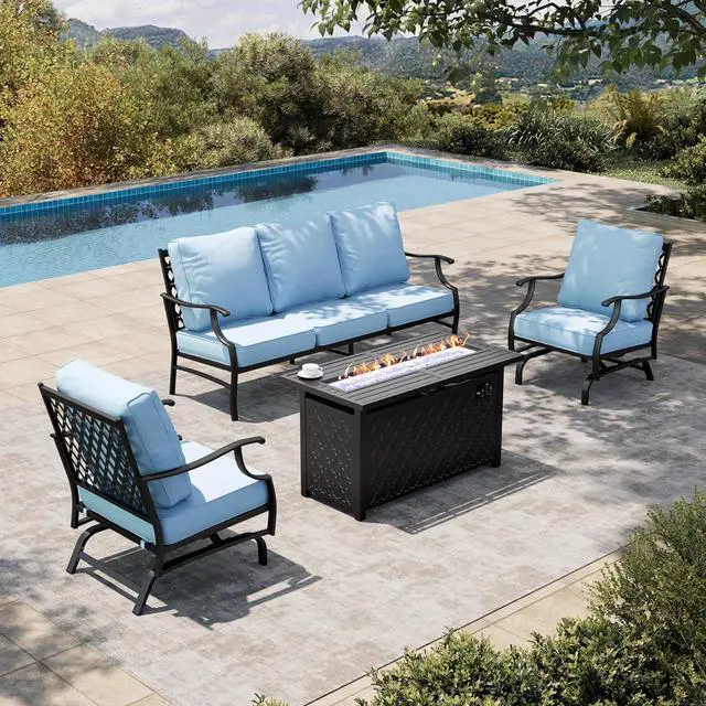 Main image of HERA'S HOUSE 4-Piece Metal Steel Outdoor Conversation Set, Fire Pit Table | 5 Seats, Blue, Rocking chair, Single chairs could support up to 350lbs