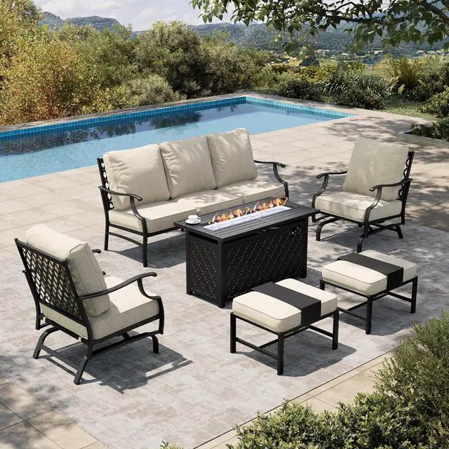 Main image of HERA'S HOUSE 6-Piece Metal Steel Outdoor Conversation Set, Fire Pit Table | 7 Seats, Beige, Rocking chair, Single chairs could support up to 350lbs