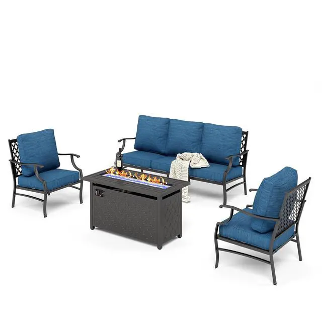 Alt view image 7 of 7 - HERA'S HOUSE 4-Piece Metal Steel Outdoor Conversation Set, 5 Seats | 45 in Fire Pit Table, Pacific Blue, Single chairs could support up to 350lbs