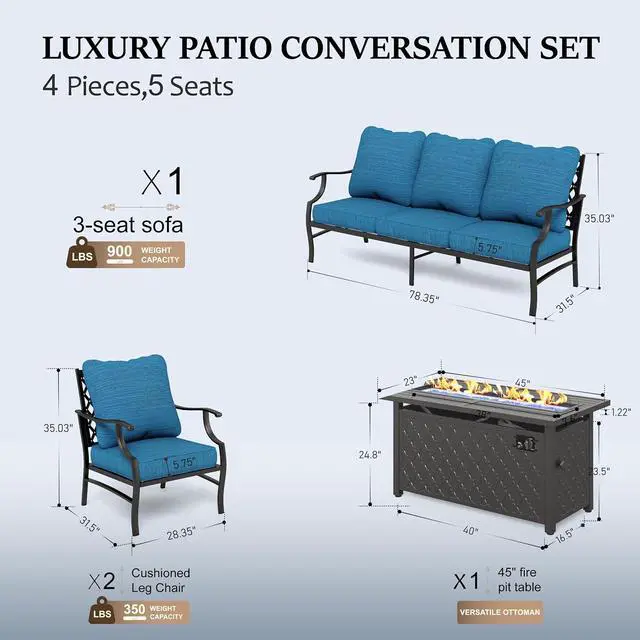Alt view image 6 of 7 - HERA'S HOUSE 4-Piece Metal Steel Outdoor Conversation Set, 5 Seats | 45 in Fire Pit Table, Pacific Blue, Single chairs could support up to 350lbs