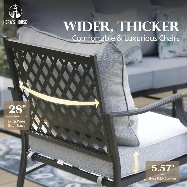 Alt view image 4 of 7 - HERA'S HOUSE 6-Piece Metal Steel Outdoor Conversation Set, Fire Pit Table | 7 Seats, Gray, Rocking chair, Single chairs could support up to 350lbs