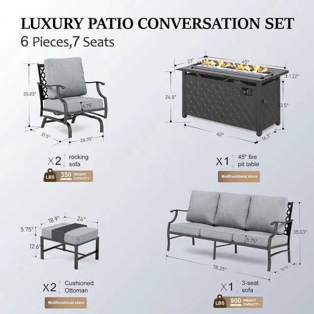 Alt view image 6 of 7 - HERA'S HOUSE 6-Piece Metal Steel Outdoor Conversation Set, Fire Pit Table | 7 Seats, Gray, Rocking chair, Single chairs could support up to 350lbs