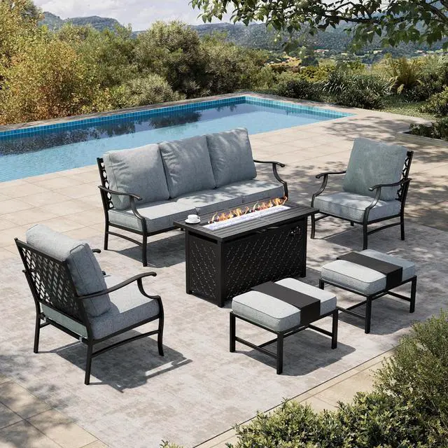 Main image of HERA'S HOUSE 6 Pieces Patio Furniture Set with Fire Pit Table | 2 x Single Chair, 2 x Ottoman, 3-Seat Sofa with 45" Fire Pit Table, Outdoor Conversation Set Grey