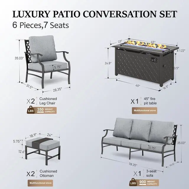 Alt view image 7 of 7 - HERA'S HOUSE 6 Pieces Patio Furniture Set with Fire Pit Table | 2 x Single Chair, 2 x Ottoman, 3-Seat Sofa with 45" Fire Pit Table, Outdoor Conversation Set Grey