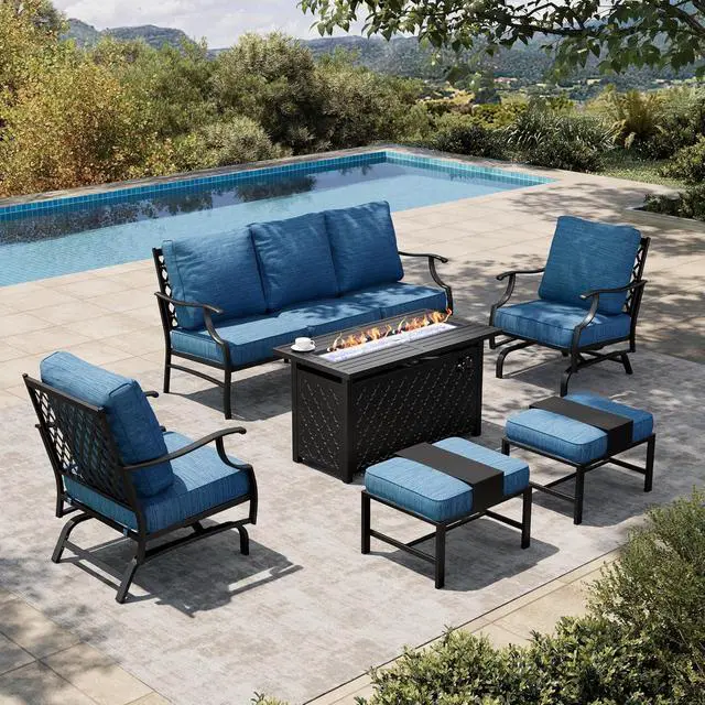 Main image of HERA'S HOUSE 6-Piece Metal Steel Outdoor Conversation Set, Fire Pit Table | 7 Seats, Pacific Blue, Rocking chair, Single chairs could support up to 350lbs