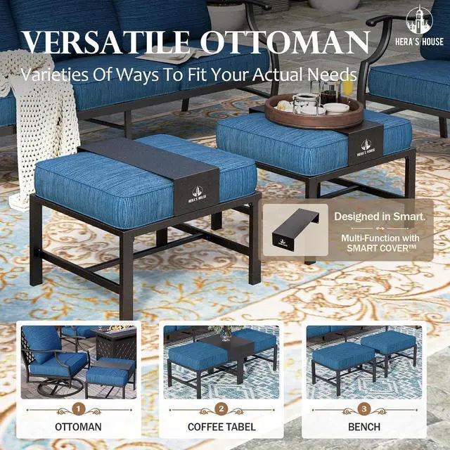 Alt view image 7 of 7 - HERA'S HOUSE 6-Piece Metal Steel Outdoor Conversation Set, Fire Pit Table | 7 Seats, Pacific Blue, Rocking chair, Single chairs could support up to 350lbs