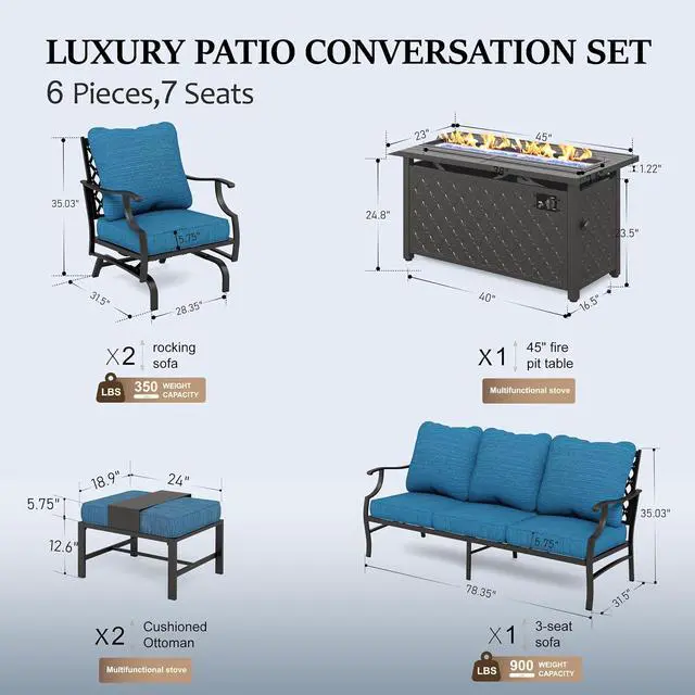 Alt view image 6 of 7 - HERA'S HOUSE 6-Piece Metal Steel Outdoor Conversation Set, Fire Pit Table | 7 Seats, Pacific Blue, Rocking chair, Single chairs could support up to 350lbs