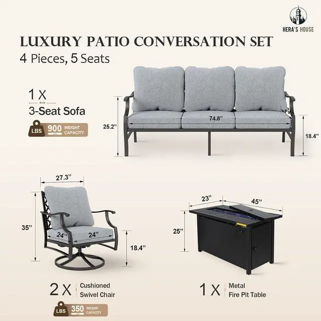 Alt view image 6 of 6 - HERA'S HOUSE 4-Piece Metal Steel Outdoor Conversation Set, Fire Pit Table | 5 Seats, Gray, Single chairs could support up to 350lbs