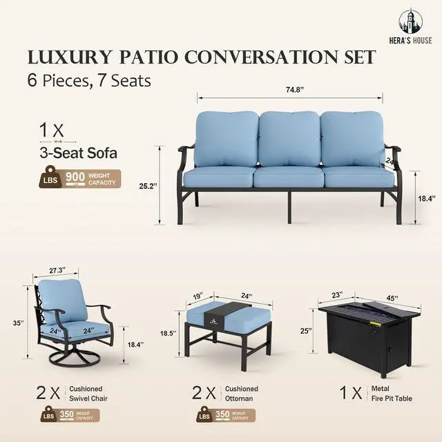 Alt view image 6 of 7 - HERA'S HOUSE 6-Piece Metal Steel Outdoor Conversation Set, Fire Pit Table | 7 Seats, Blue, Single chairs could support up to 350lbs, Contemporary