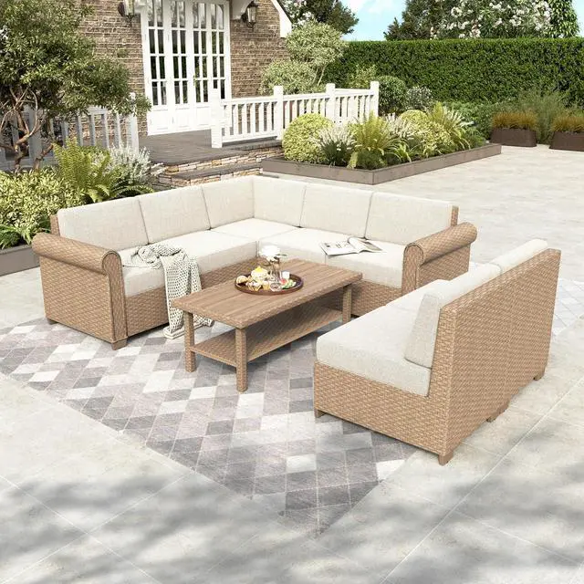 Main image of HERA'S HOUSE Patio Furniture Set, All Weather 7 Seats Outdoor Sectional Wicker Sofa with 44" Coffee Table, 5.5" Thick Waterproof Cushion 8 Pieces Modular Conversation Sofa Set for Garden Deck Backyard
