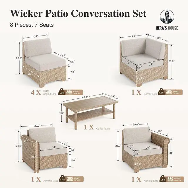 Alt view image 7 of 7 - HERA'S HOUSE Patio Furniture Set, All Weather 7 Seats Outdoor Sectional Wicker Sofa with 44" Coffee Table, 5.5" Thick Waterproof Cushion 8 Pieces Modular Conversation Sofa Set for Garden Deck Backyard