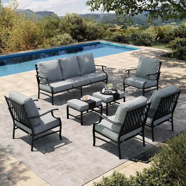 Main image of HERA'S HOUSE 7-Piece Metal Patio Conversation Set, 9-Seat, Modular Design | Grey, 2 Ottomans, 1 3-Seat Sofa, Ottomans, All-Weather, For Garden, Deck, Backyard