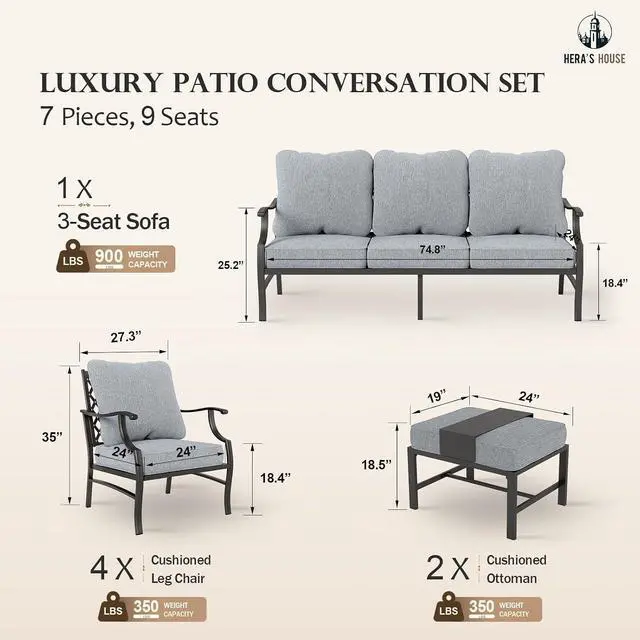 Alt view image 6 of 7 - HERA'S HOUSE 7-Piece Metal Patio Conversation Set, 9-Seat, Modular Design | Grey, 2 Ottomans, 1 3-Seat Sofa, Ottomans, All-Weather, For Garden, Deck, Backyard