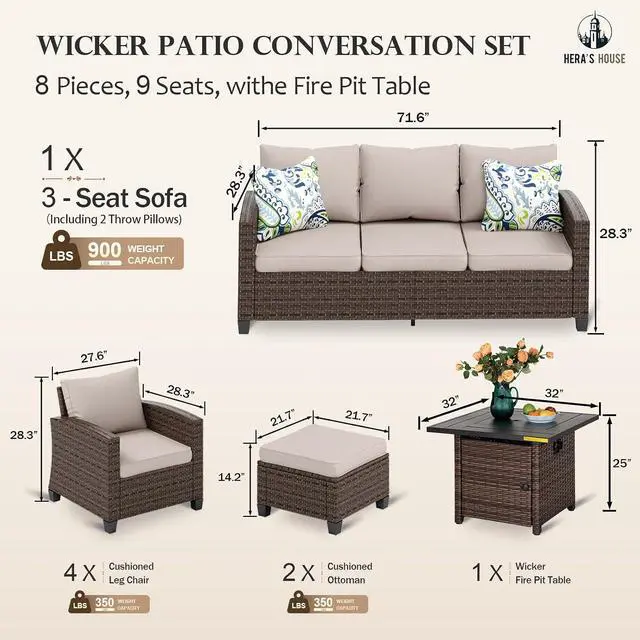Alt view image 6 of 7 - HERA'S HOUSE Outdoor Sectional with Fie Pit Table, Patio Furniture Conversation Sets, 8 Pieces Wicker Rattan Sofa Set