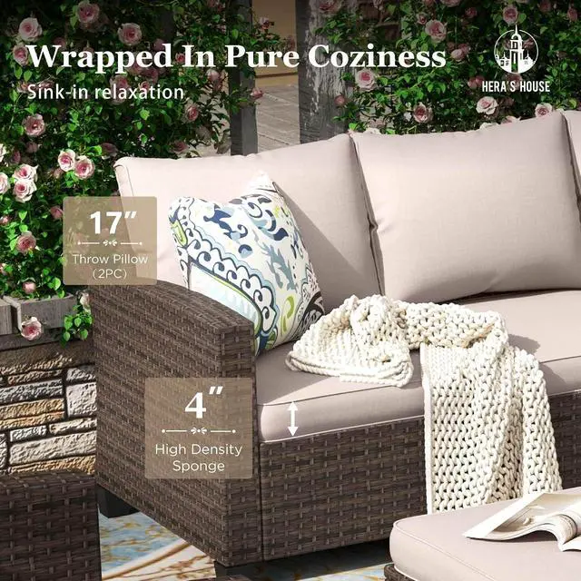 Alt view image 4 of 7 - HERA'S HOUSE Outdoor Sectional with Fie Pit Table, Patio Furniture Conversation Sets, 8 Pieces Wicker Rattan Sofa Set