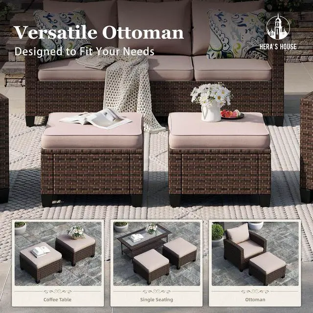 Alt view image 7 of 7 - HERA'S HOUSE Outdoor Sectional with Fie Pit Table, Patio Furniture Conversation Sets, 8 Pieces Wicker Rattan Sofa Set
