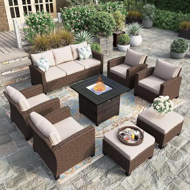 Main image of HERA'S HOUSE Outdoor Sectional with Fie Pit Table, Patio Furniture Conversation Sets, 8 Pieces Wicker Rattan Sofa Set