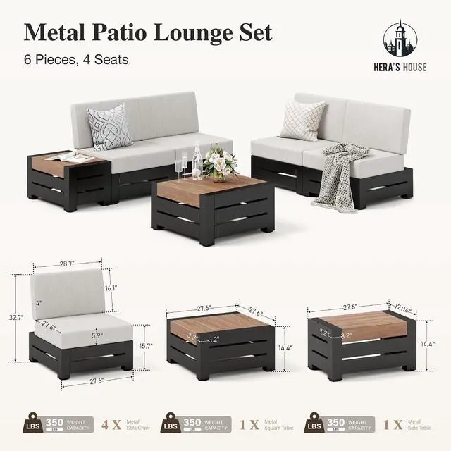 Alt view image 7 of 7 - HERA'S HOUSE 6-Piece Patio Furniture Set, All Weather Outdoor Sectional Sofa with Coffee Table & Side Table, 5.9" Thick Waterproof Cushions, Modular Conversation Set for Garden, Deck, Backyard