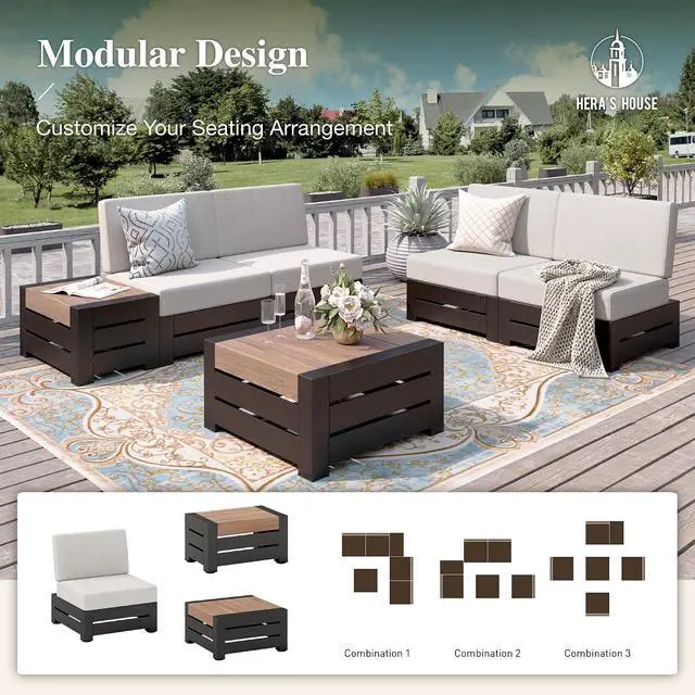 Alt view image 5 of 7 - HERA'S HOUSE 6-Piece Patio Furniture Set, All Weather Outdoor Sectional Sofa with Coffee Table & Side Table, 5.9" Thick Waterproof Cushions, Modular Conversation Set for Garden, Deck, Backyard