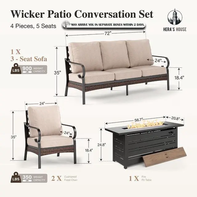 Alt view image 7 of 7 - HERA'S HOUSE 4-Piece Metal Outdoor Conversation Set, 56 in Fire Pit Table | 5 Seats, Black/beige, Single chairs could support up to 350lbs