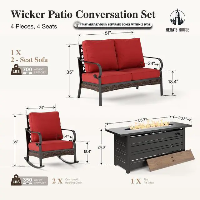 Alt view image 7 of 7 - HERA'S HOUSE 4-Piece Steel Wrought Iron Outdoor Conversation Set, 4 Seats | 56 in Fire Pit Table, Black/red, Single chairs could support up to 350lbs