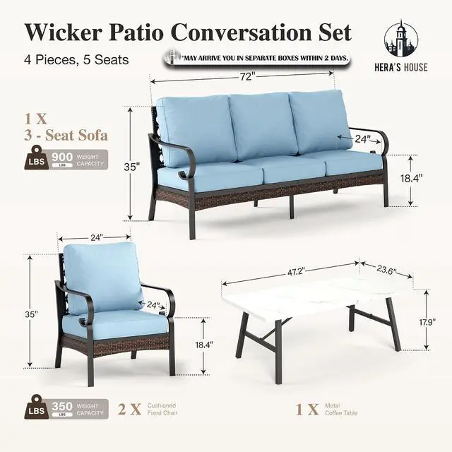 Alt view image 7 of 7 - HERA'S HOUSE 4-Piece Metal Outdoor Conversation Set, 56 in Fire Pit Table | 5 Seats, Black/blue, Single chairs could support up to 350lbs