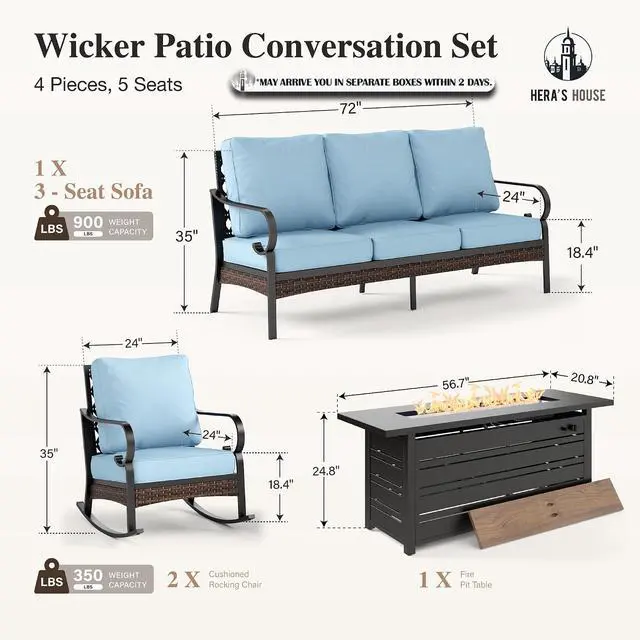 Alt view image 7 of 7 - HERA'S HOUSE 4-Piece Steel Wrought Iron Outdoor Conversation Set, 5 Seats | 56 in Fire Pit Table, Black/blue, Single chairs could support up to 350lbs