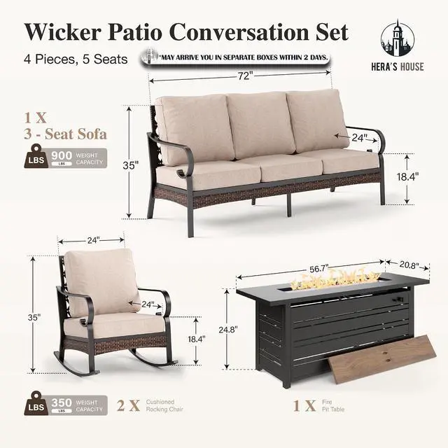 Alt view image 7 of 7 - HERA'S HOUSE 4-Piece Steel Wrought Iron Outdoor Conversation Set, 5 Seats | 56 in Fire Pit Table, Black/beige, Single chairs could support up to 350lbs