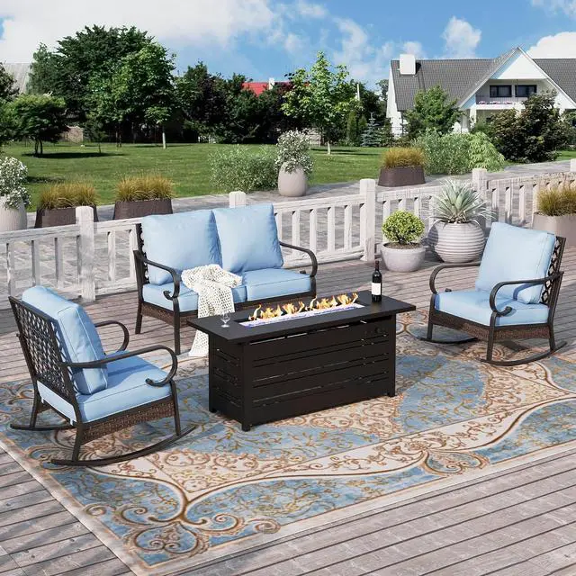 Main image of HERA'S HOUSE 4-Piece Steel Wrought Iron Outdoor Conversation Set, 4 Seats | 56 in Fire Pit Table, Black/blue, Single chairs could support up to 350lbs